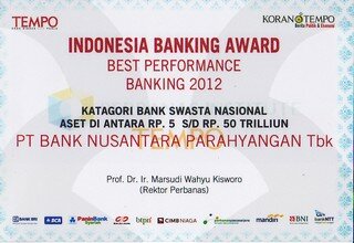 ABFI Banking Award – Perbanas ke 5 Tahun 2012 Best Performance Banking 2012 untuk Kategori Bank Swasta Nasional Dengan Aset Rp. 5 Trilyun - Rp. 50 Trilyun.